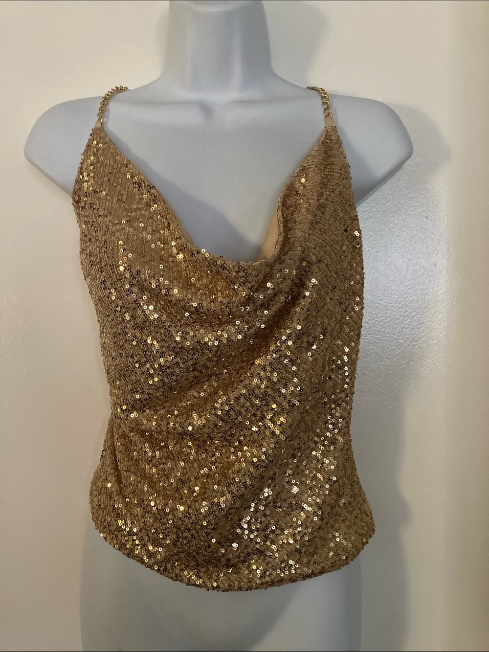 Alexia Admor Aurora Draped Cowl Neck Gold Sequin Cami Top Chain Strap L